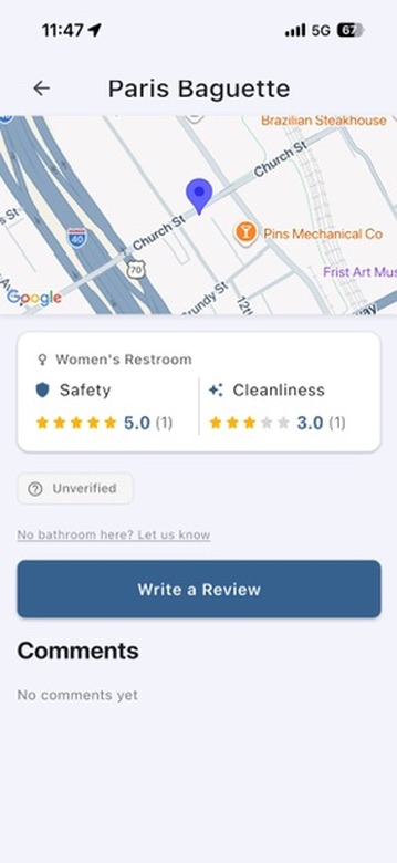 Wayloo place detail screen showing safety and cleanliness ratings for a restroom